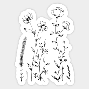 Simple Black and White Flowers and Leaves Design Sticker